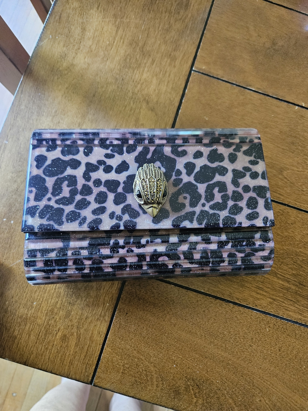 Kurt Geiger Party Eagle Leopard Acrylic Clutch with Gold Clasp